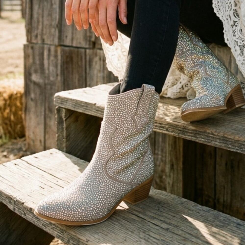 Sparkly Rhinestone Western Cowboy Boots Taupe Mid Calf Pointed Toe Block Heel